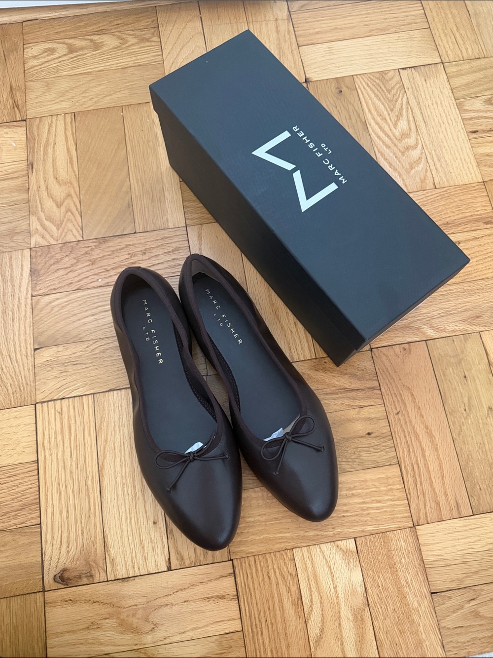 Marc Fisher Dark Brown Pointed Toe Ballet Flats with Bow